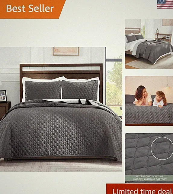 Ultrasonic Reversible Full Queen Quilt Bedding Set with Pillow Shams, Lightwe...